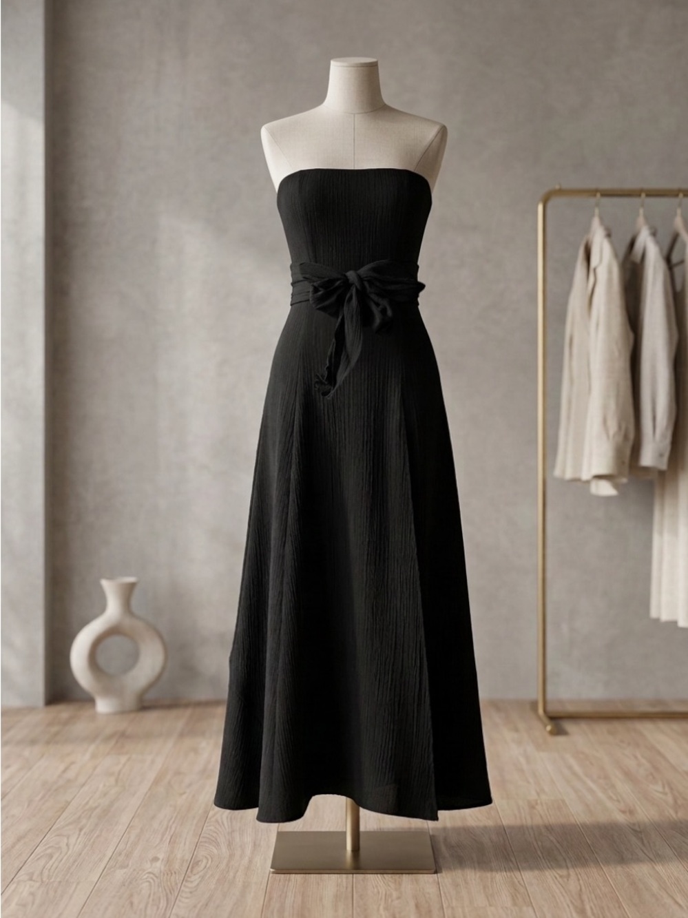 Elan Black Strapless Maxi Dress Tie Waist Belt Front Slit Crinkle Rayon GUC M